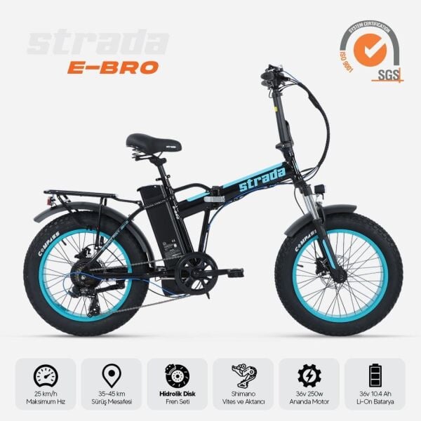 Strada E-Bro Hidrolik Disk Fat Bike Katlanabilir 20 Jant Elektrikli Bisiklet Mavi
