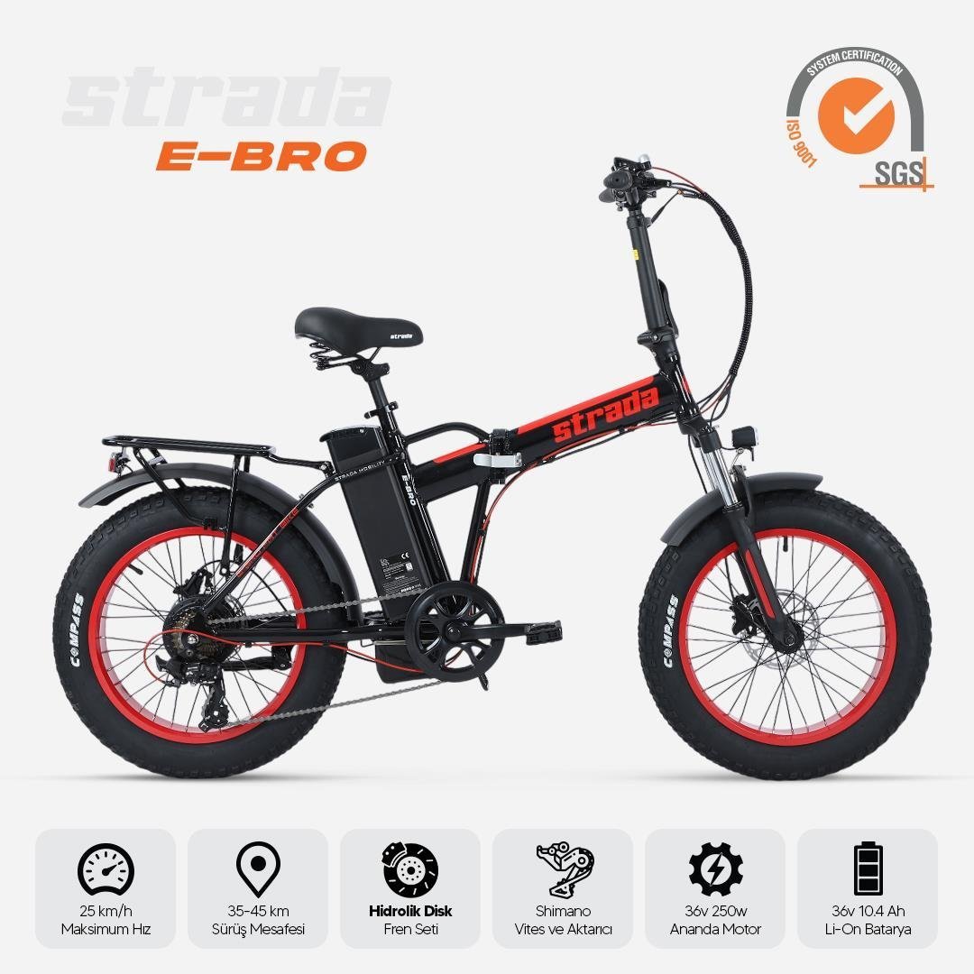 Strada E-Bro Hidrolik Disk Fat Bike Katlanabilir 20 Jant Elektrikli Bisiklet Kırmızı