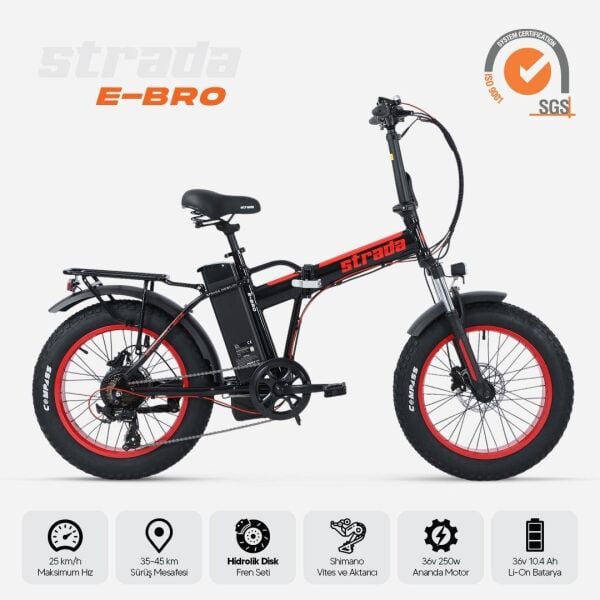 Strada E-Bro Hidrolik Disk Fat Bike Katlanabilir 20 Jant Elektrikli Bisiklet Kırmızı