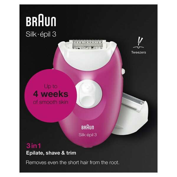 Braun Silk-épil 3 3276 Smartlight, 2'si 1 Arada Kablolu Epilatör / Ahududu Pembe